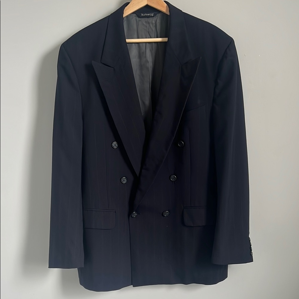 BURBERRYS Navy Blue Pinstripe Classic Single-Breasted Suit Jacket